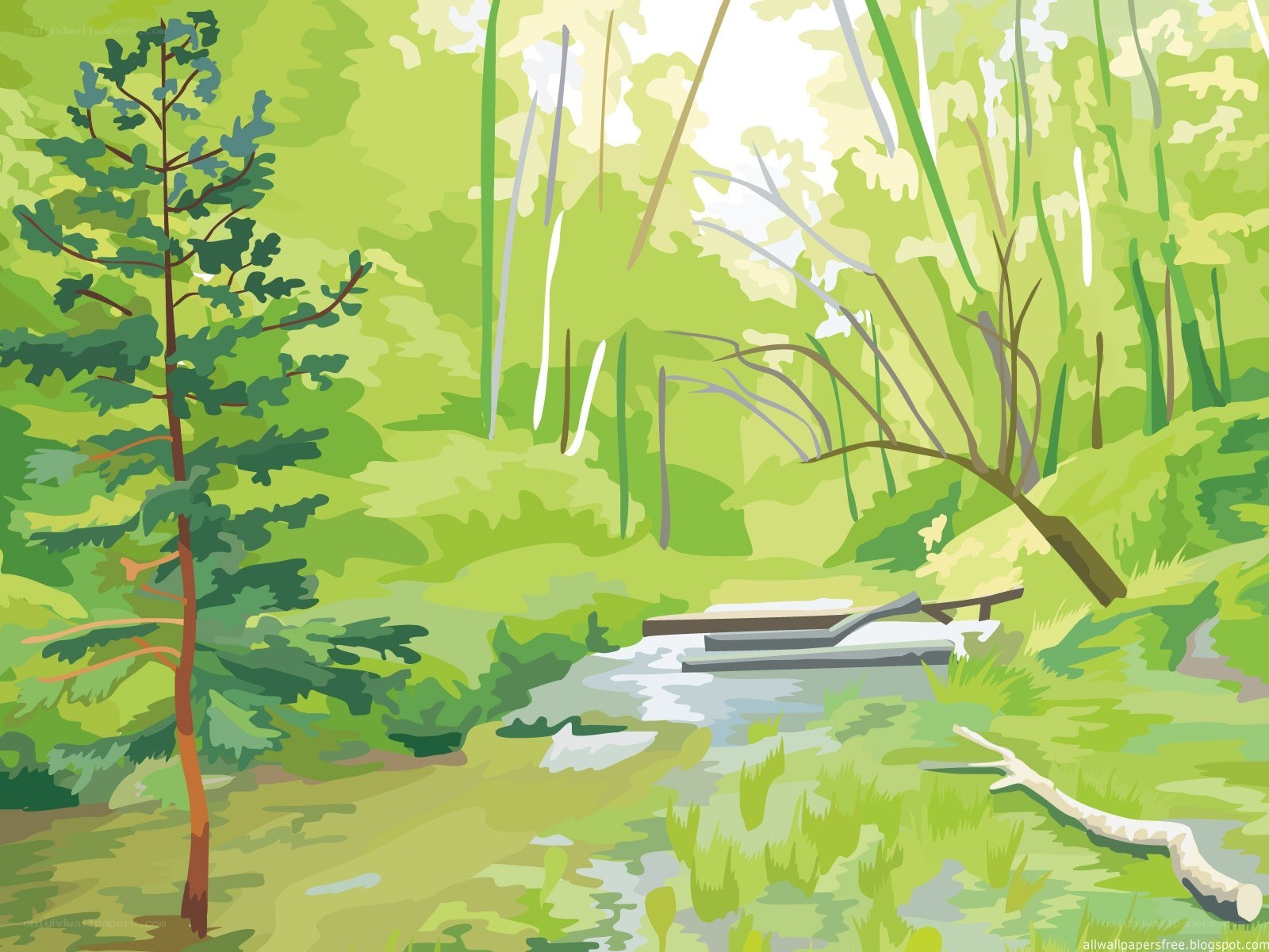 Forest stream with wooden bench