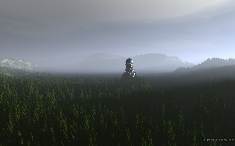 Forest tower in mist