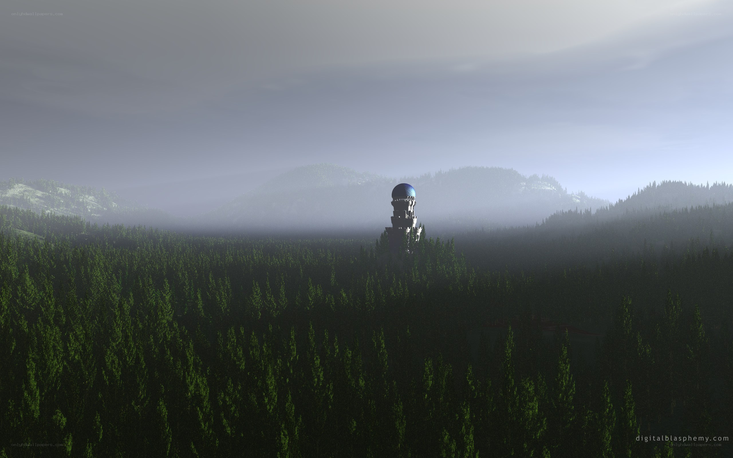 Forest tower in mist