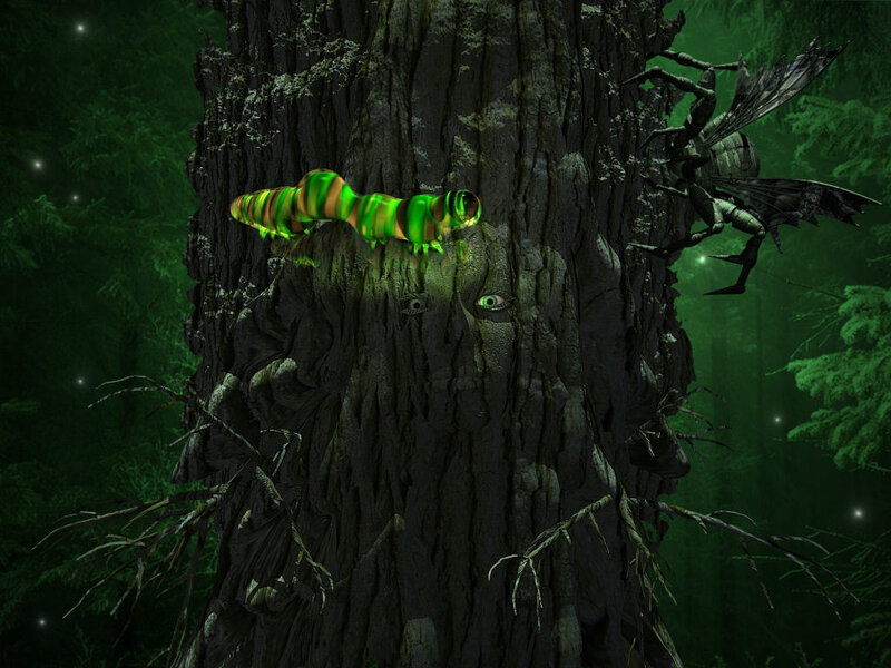 forest tree with glowing caterpillar