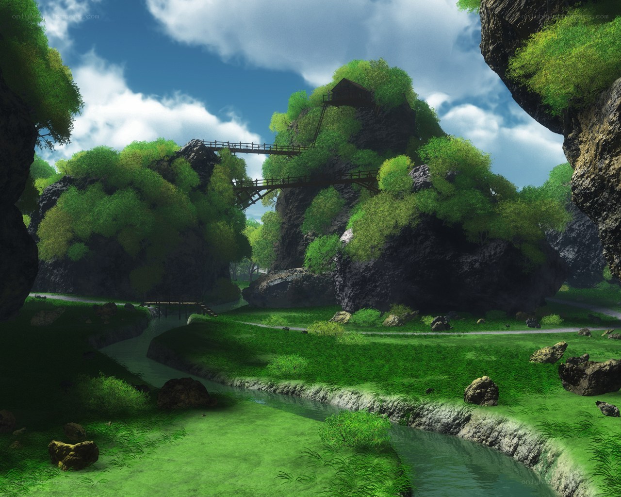 Forest valley with river and bridge