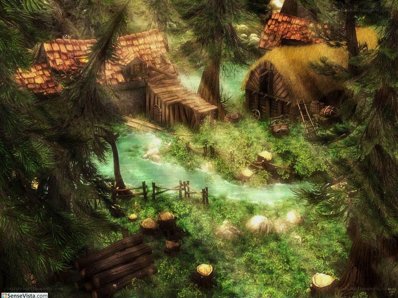 Forest village by the river