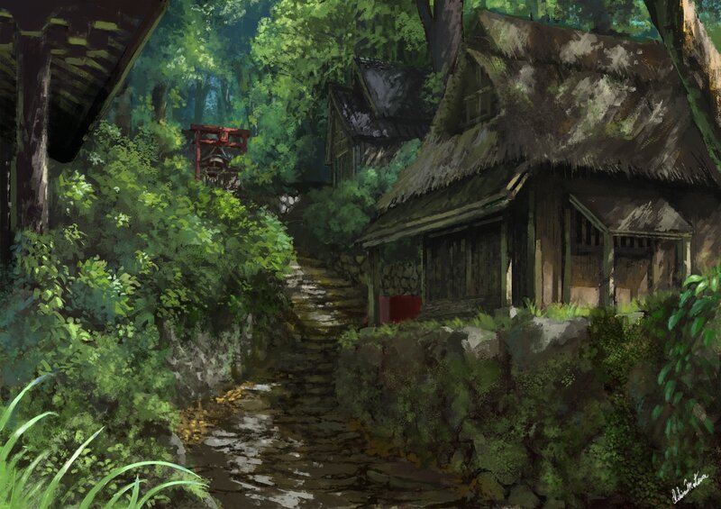 Forest village with stone path