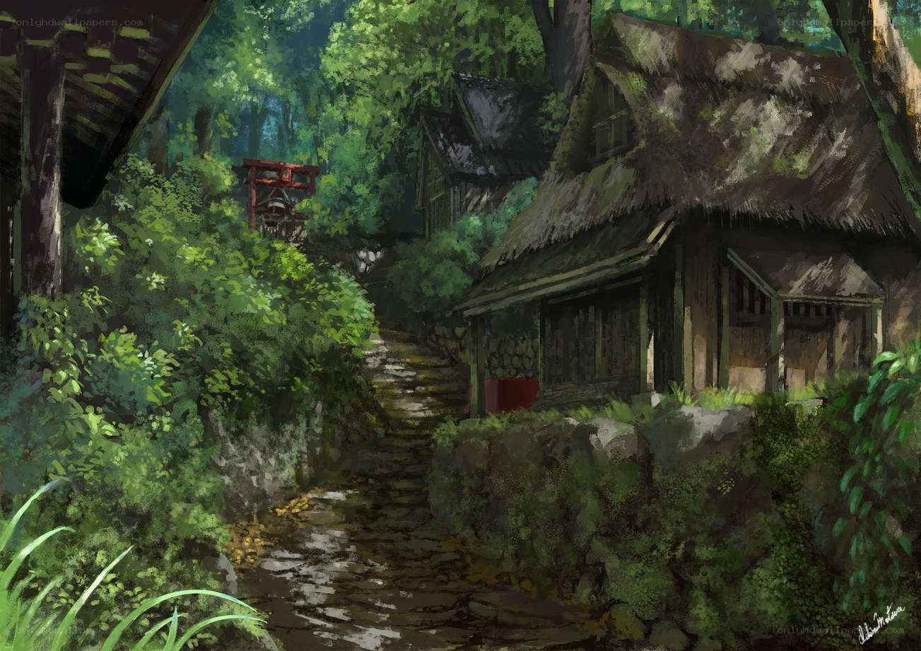 Forest village with stone path