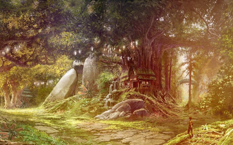 forest village with treehouse