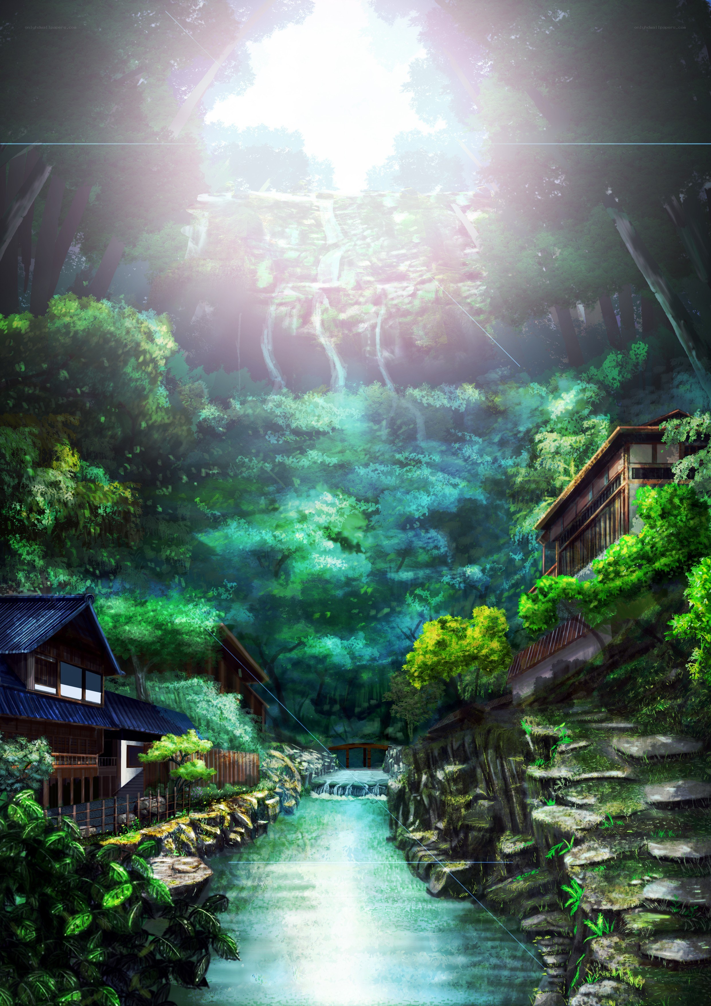Forest village with waterfall