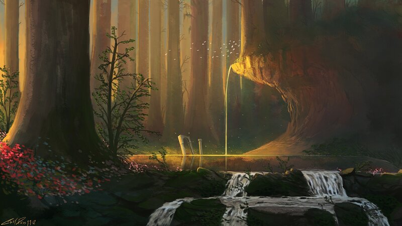 Forest waterfall at sunset