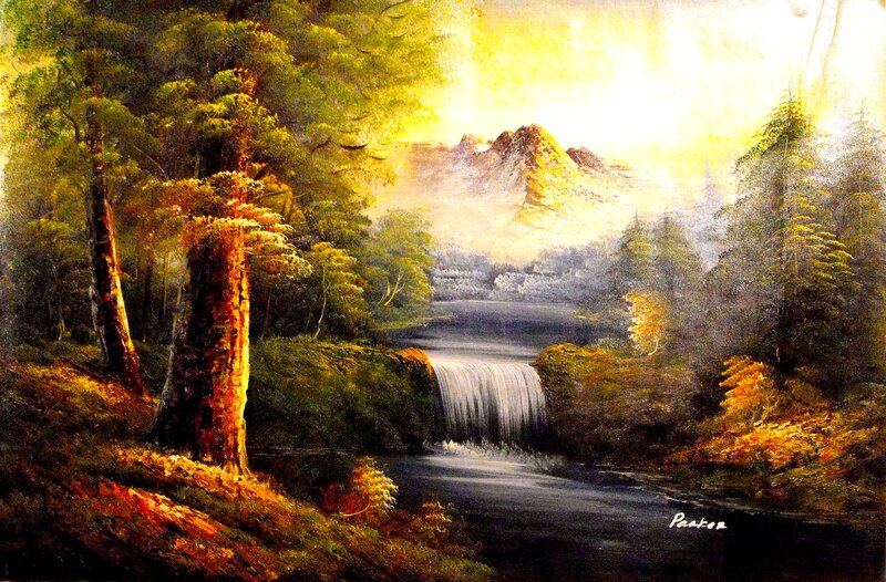 Forest Waterfall Landscape — Green, Serene, Sunset