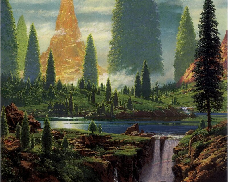 Forest Waterfall Landscape — Green, Serene