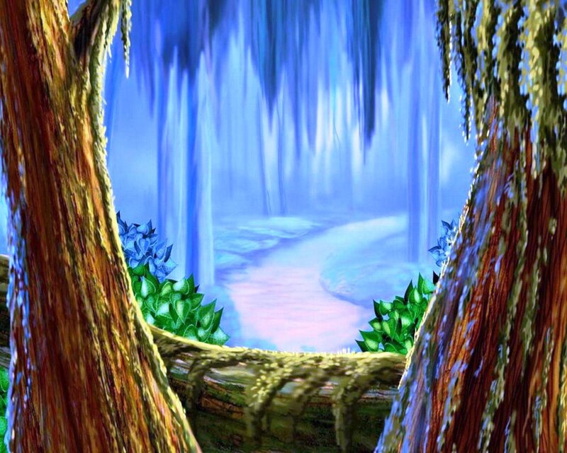 Forest Waterfall Scene — Blue