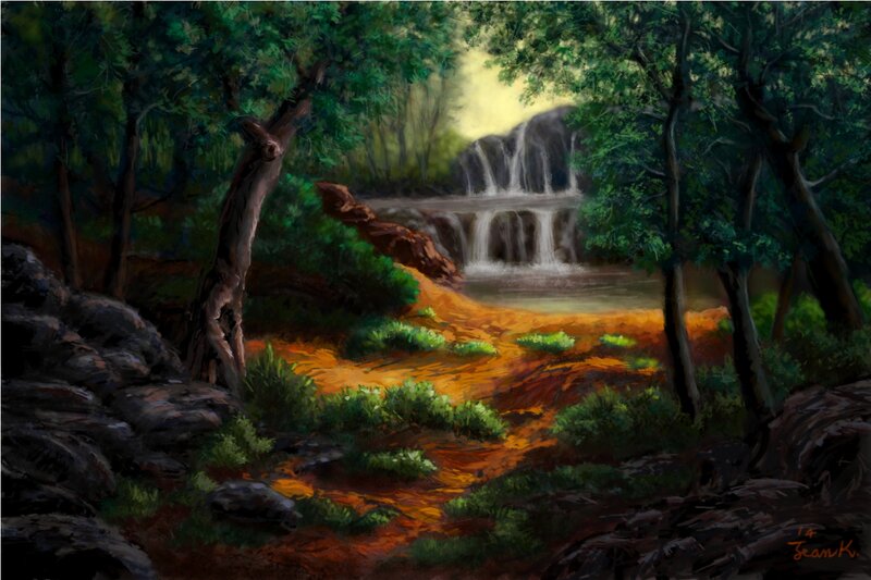 Forest Waterfall Scene — Green, Serene, Afternoon