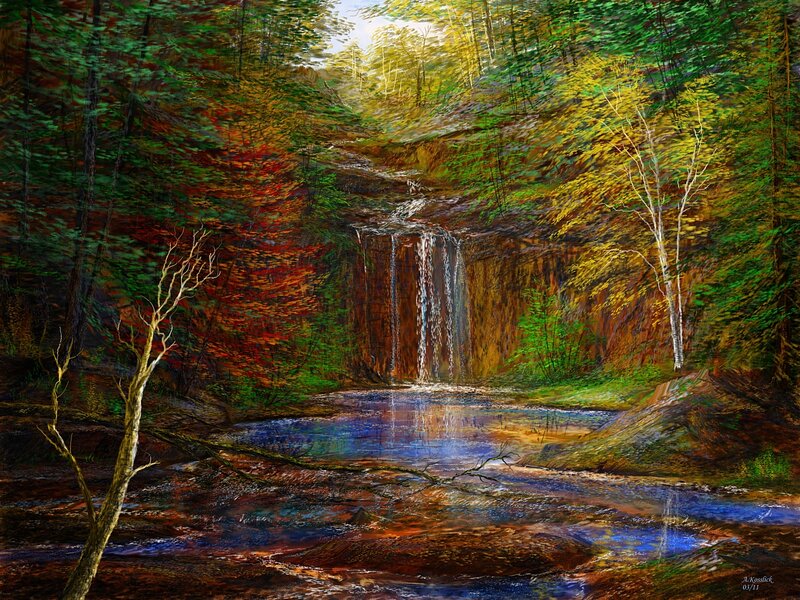 Forest Waterfall Scene — Green, Serene, Autumn