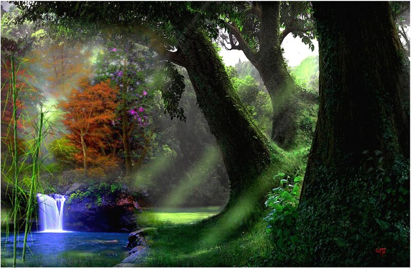 Forest Waterfall Scene — Green, Serene, Morning, Digital Art
