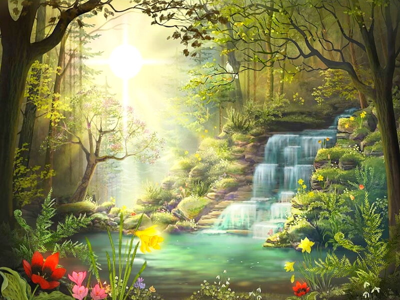 Forest Waterfall Scene — Green, Serene, Morning, Digital Art, Trees
