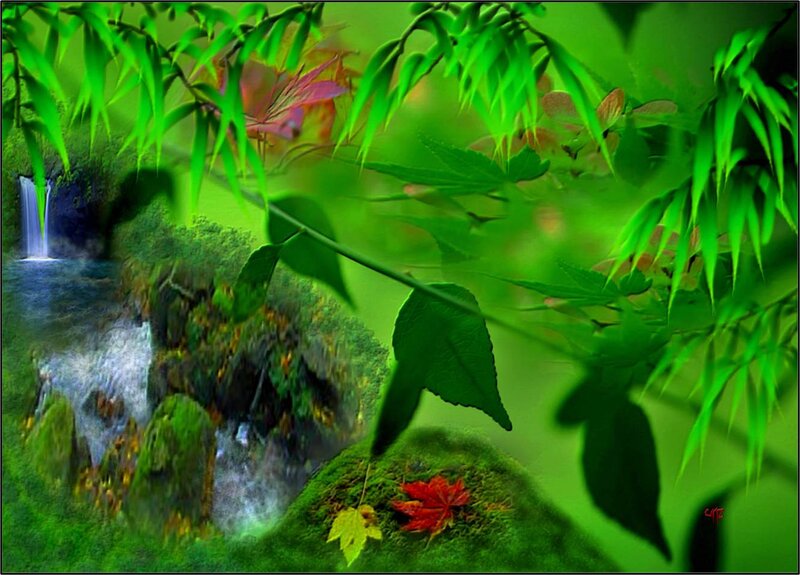 Forest Waterfall Scene — Green, Serene, Spring