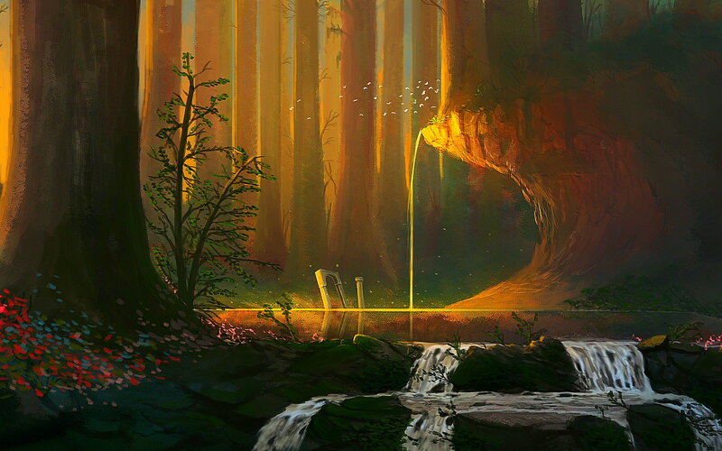 Forest Waterfall Scene — Green, Serene, Sunset