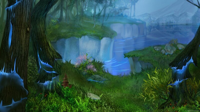 Forest Waterfall Scene — Green, Serene