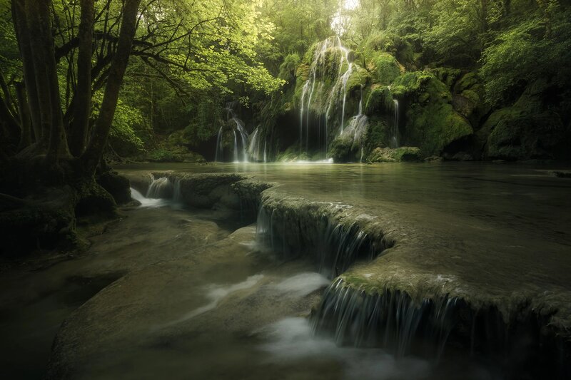 Forest Waterfall Stream — Green, Serene, Morning, Photograph