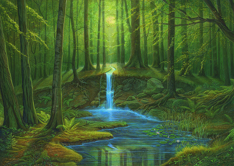 Forest Waterfall Stream — Green, Serene
