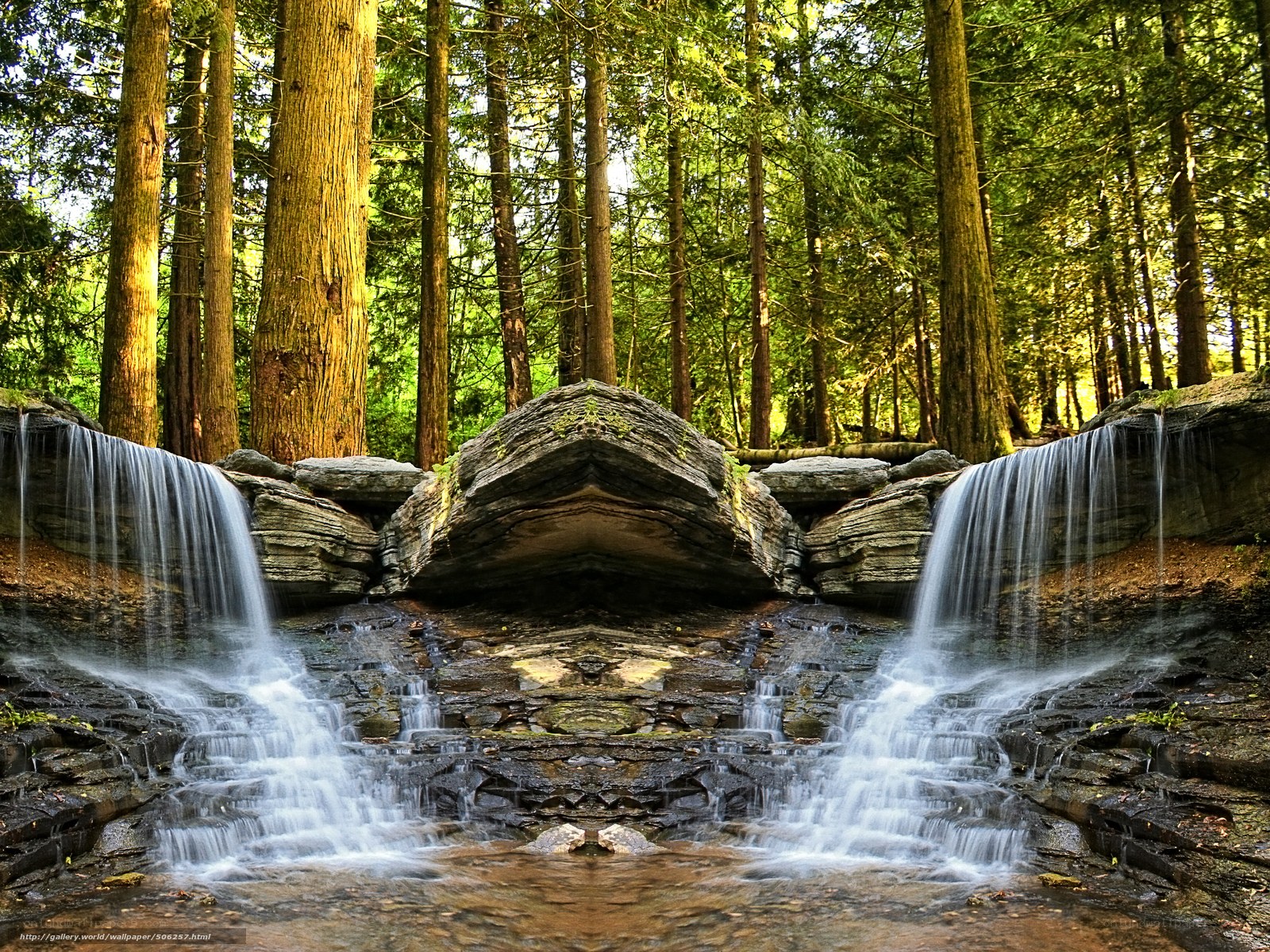Forest waterfall with rock arch