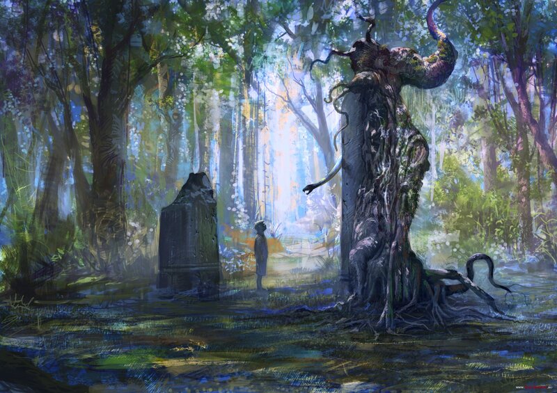 Forest with ancient tree and stone