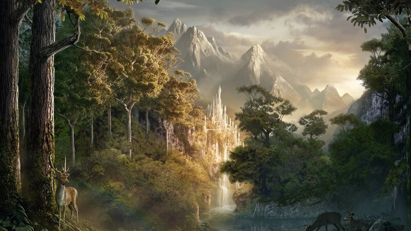Forest with castle and deer