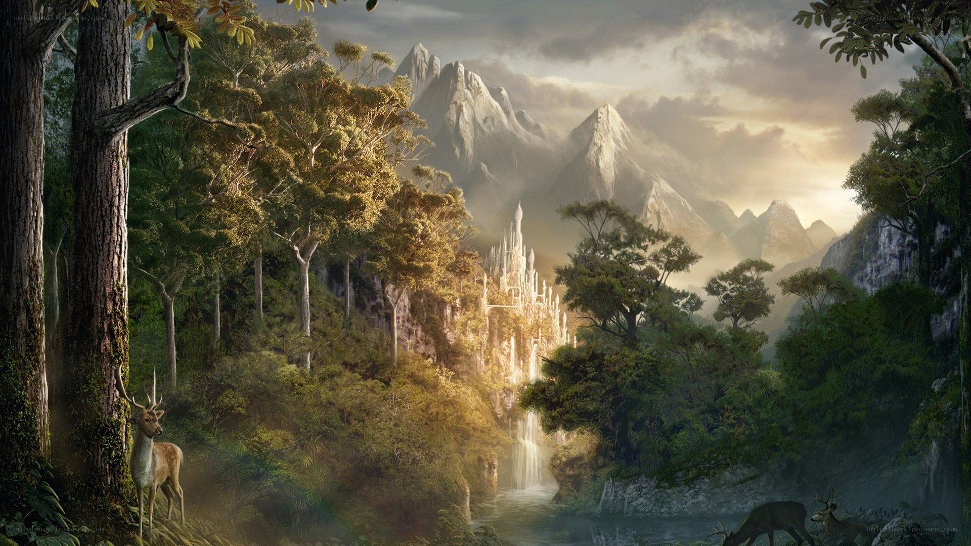 Forest with castle and deer