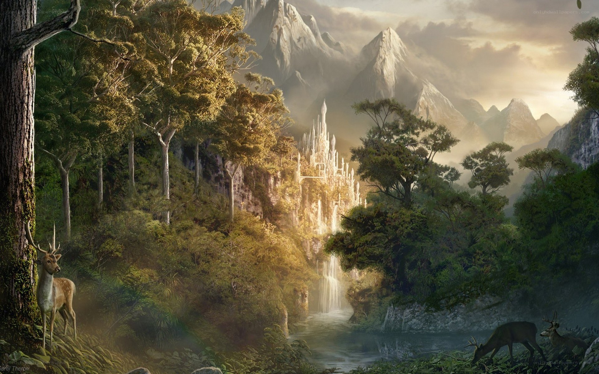 Forest with castle and deer