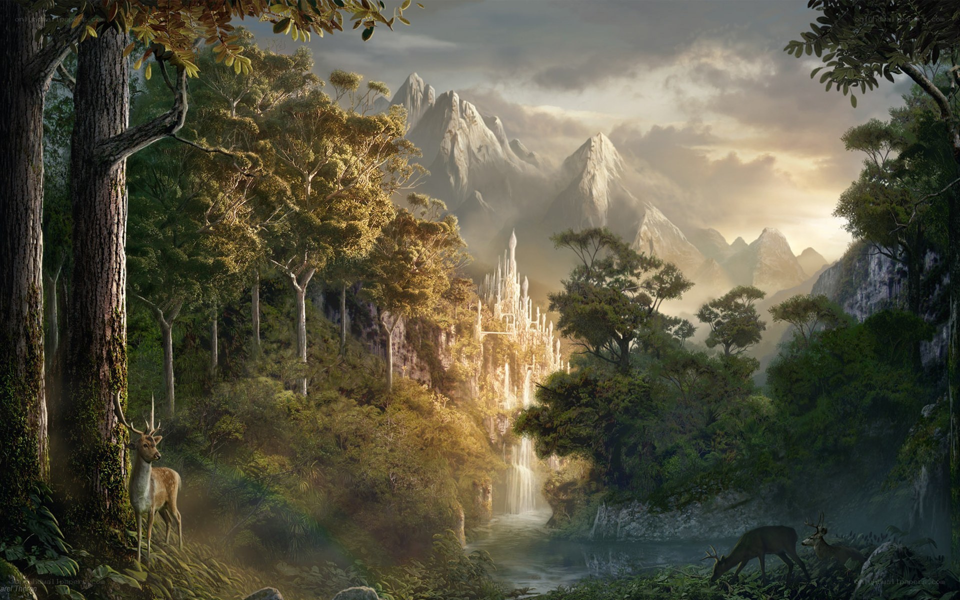 Forest with castle and deer
