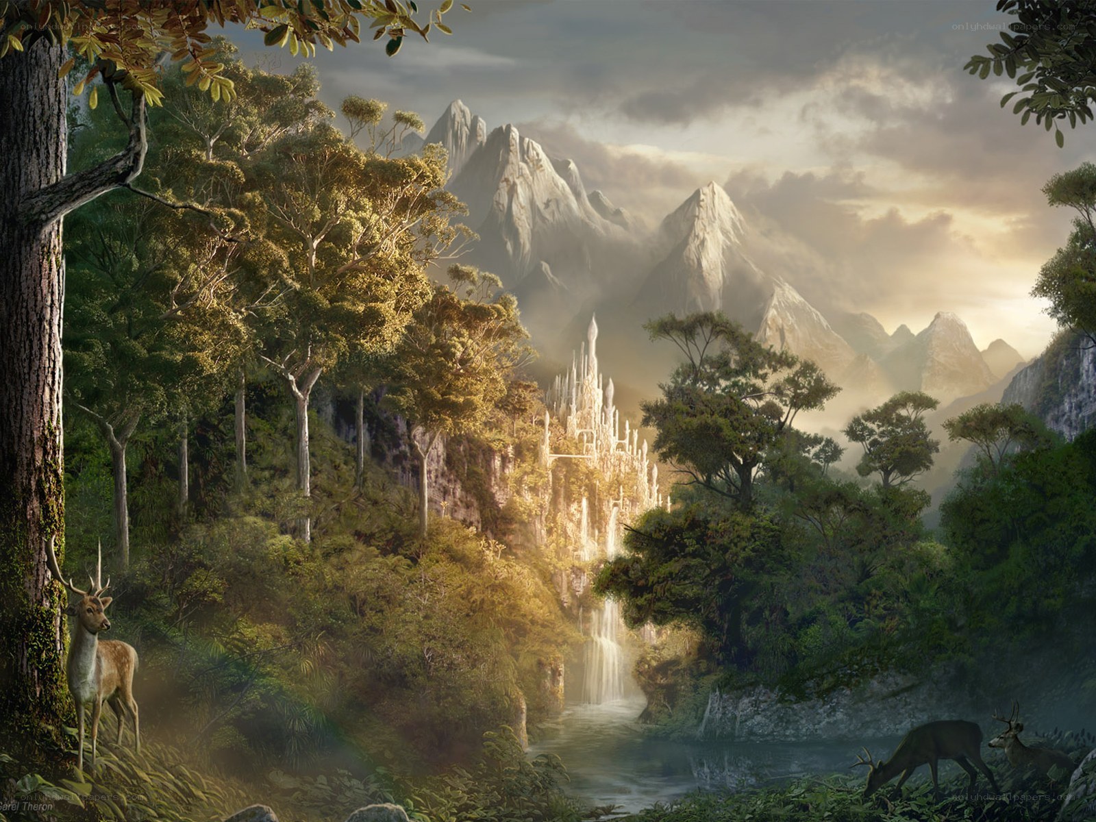 Forest with castle and deer