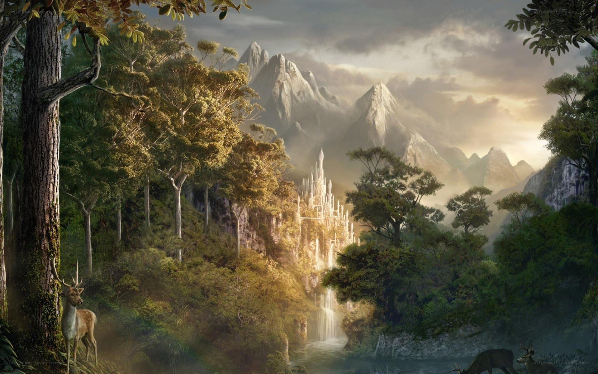 forest with castle and mountains