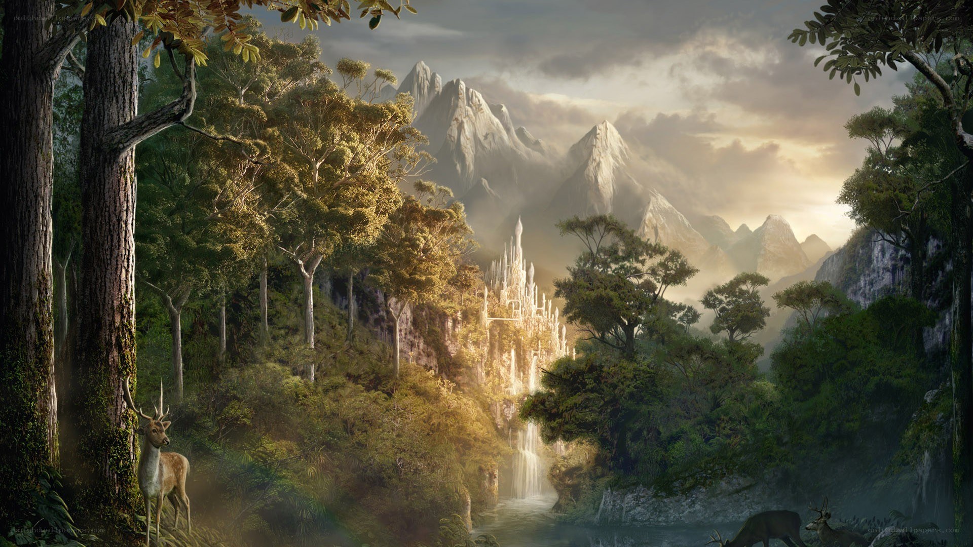 Forest with castle and mountains