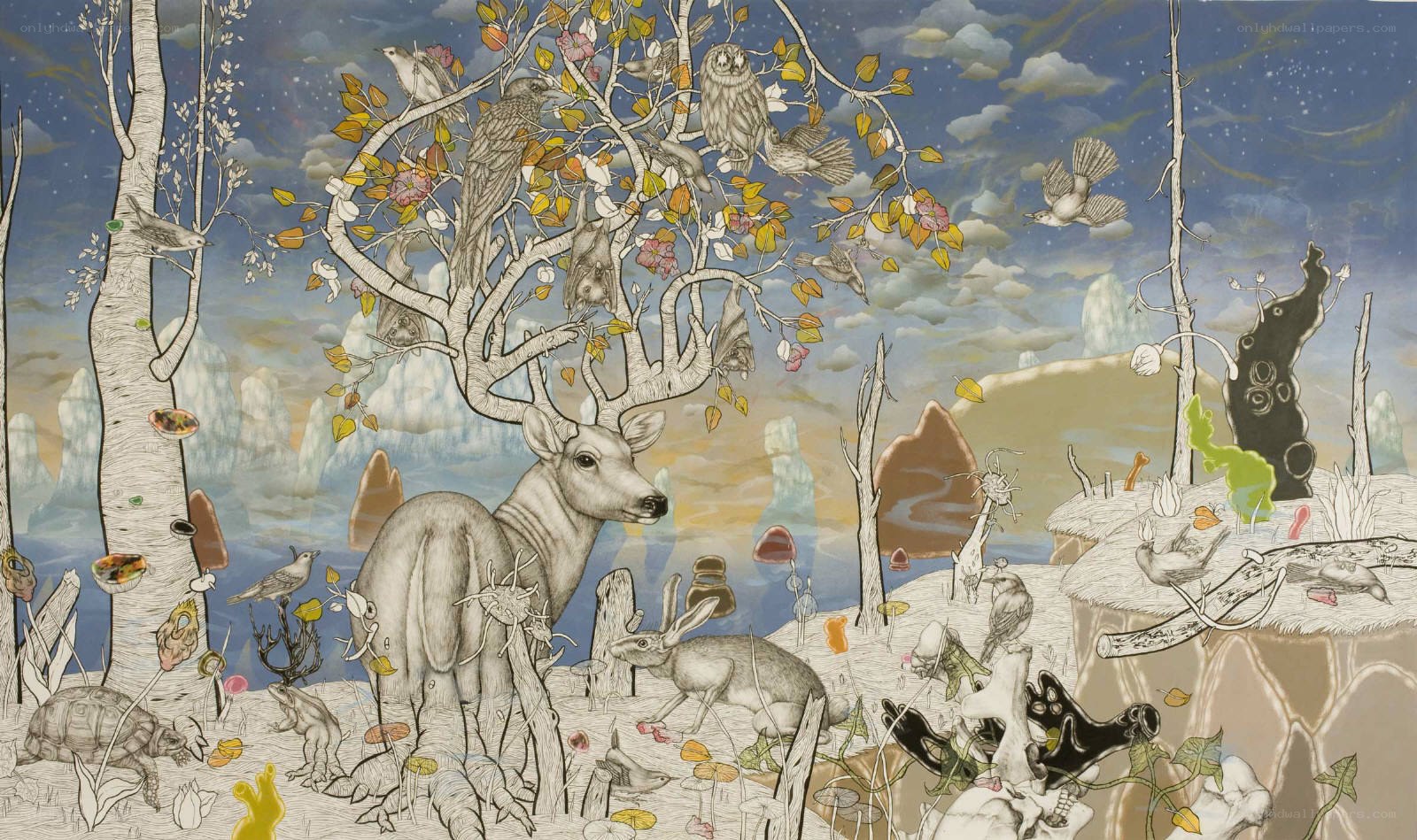 Forest with deer and birds