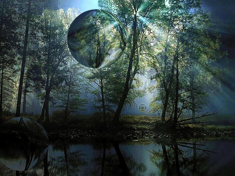 Forest with floating spheres