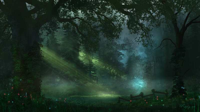 Forest with Glowing Light — Green, Mysterious