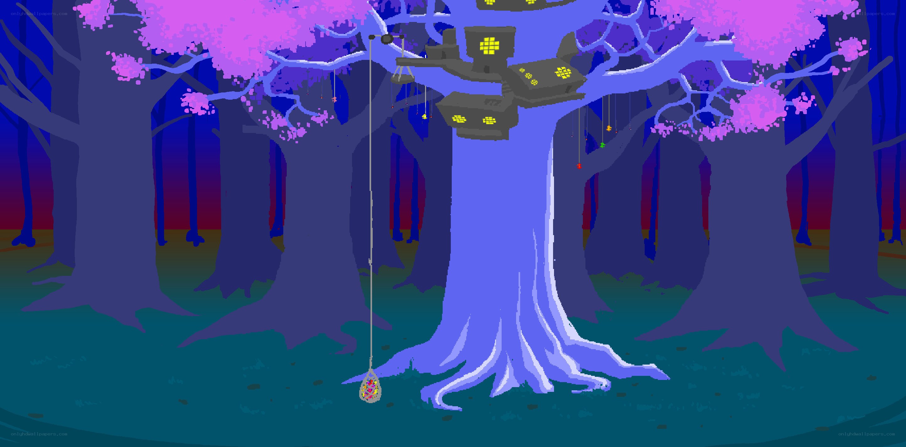 forest with glowing treehouse