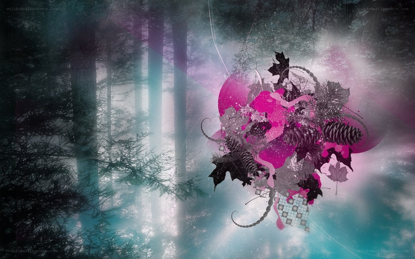 forest with pink floral design