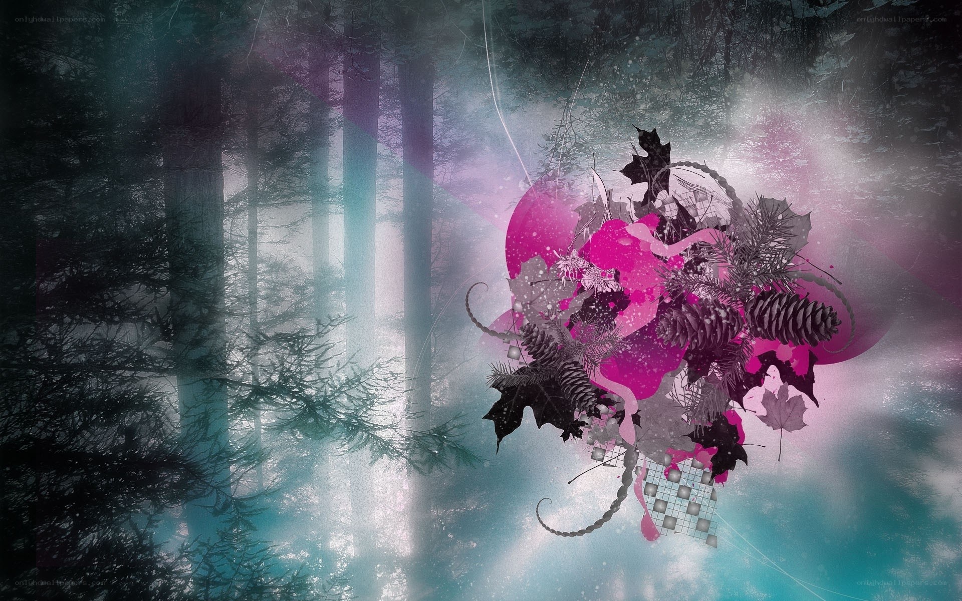 forest with pink floral design