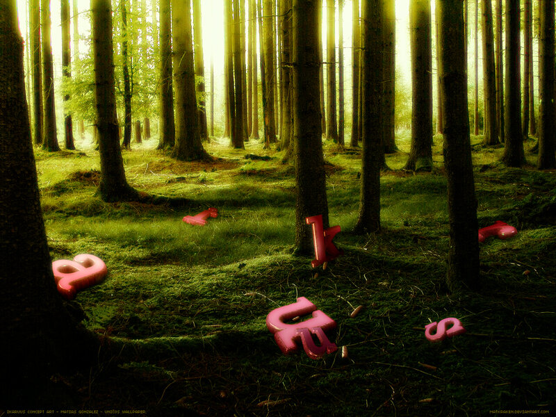 Forest with pink letters