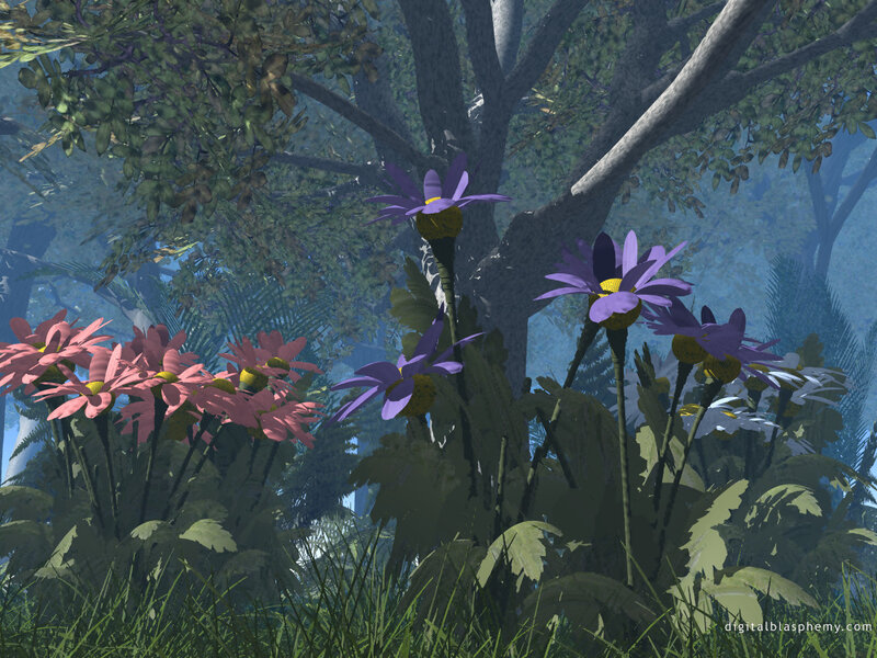 Forest with purple and pink flowers