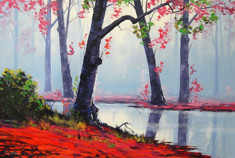 Forest with Red Leaves — Serene, Autumn, Painting