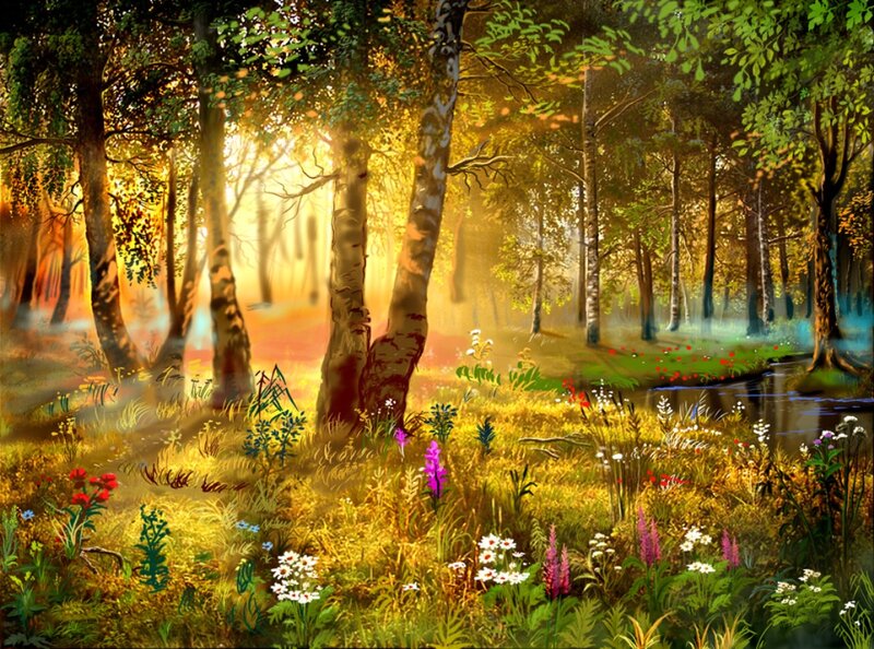 Forest with Wildflowers — Green, Serene