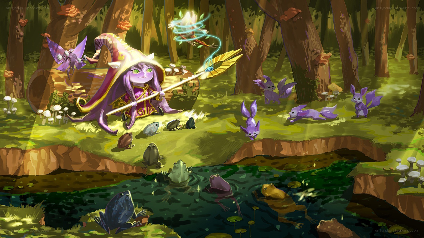 forest wizard with frogs and rabbits