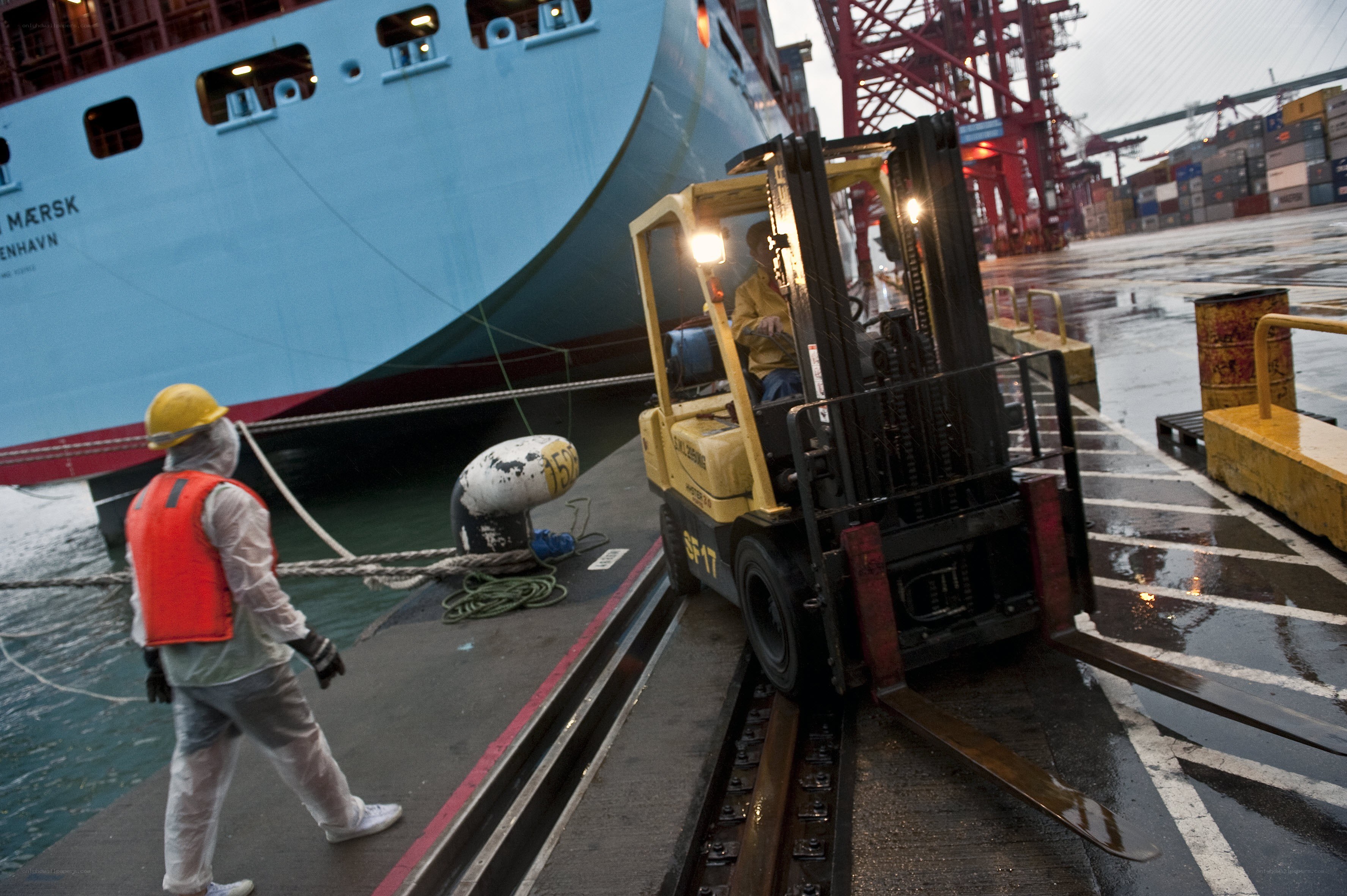 Forklift at a busy port