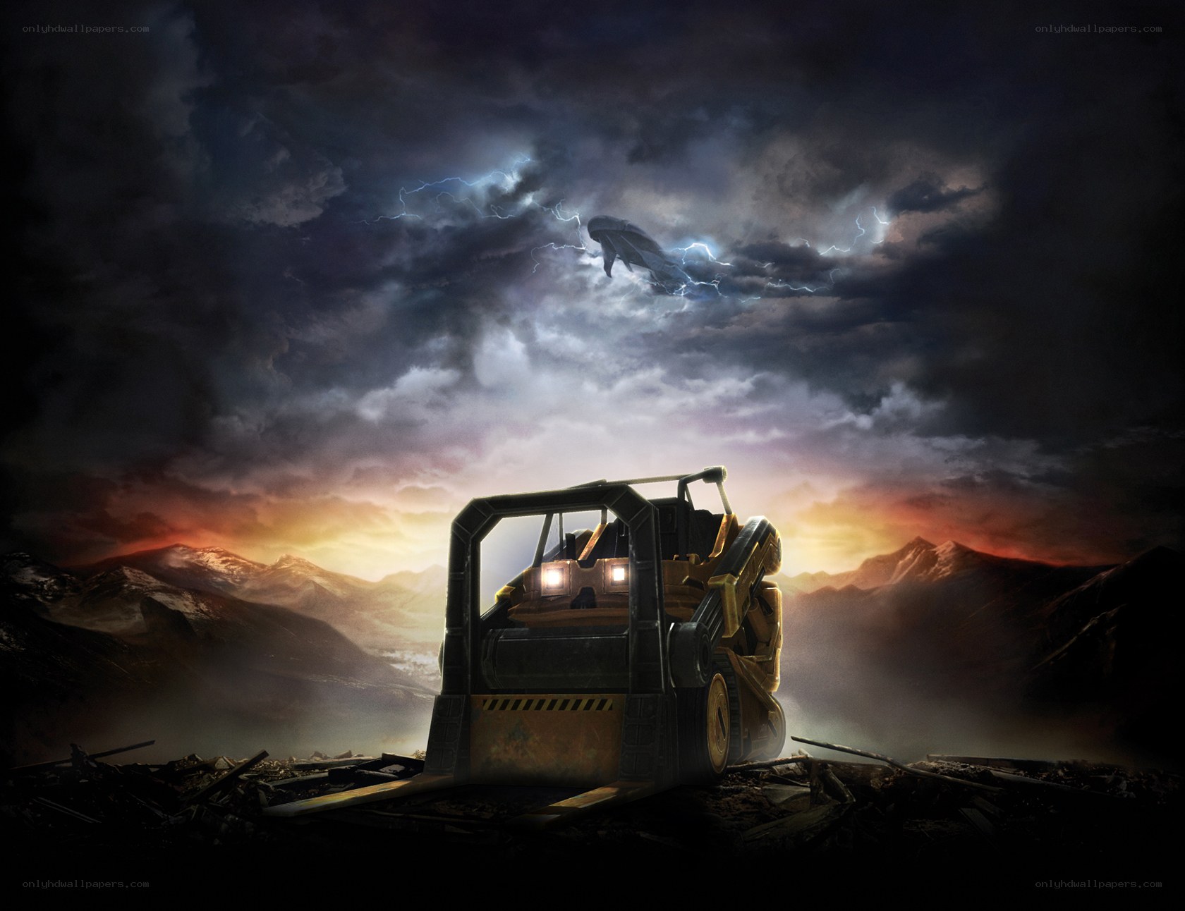 Forklift in stormy mountains