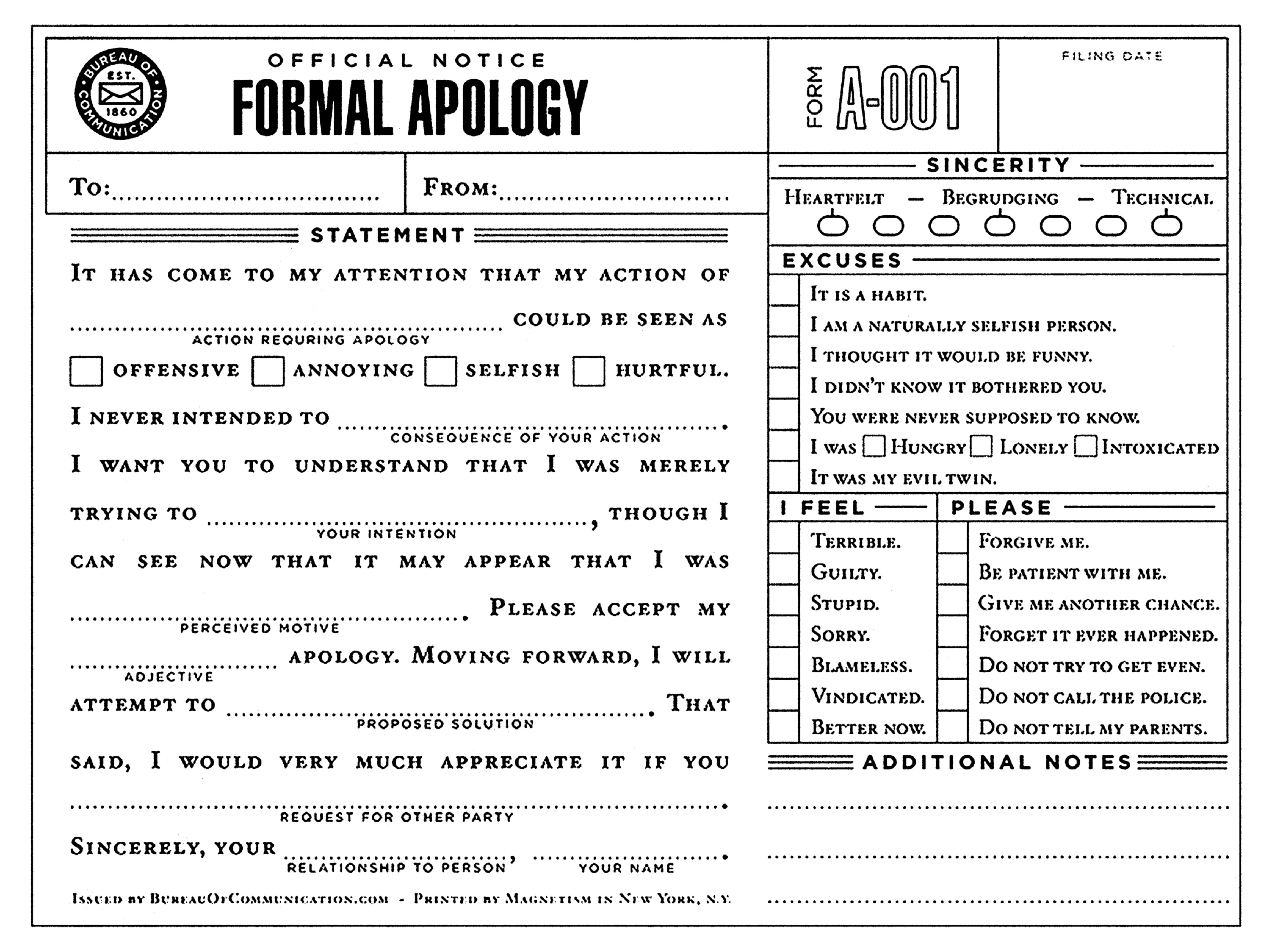 Formal Apology Notice Form
