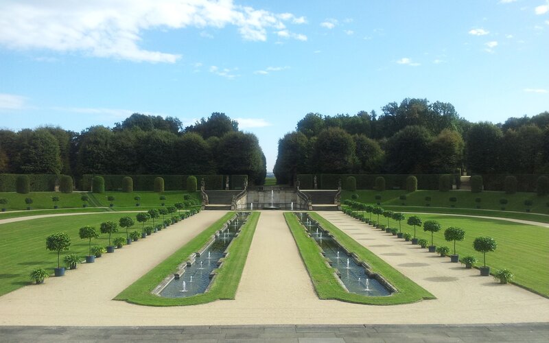 Formal Garden with Fountains — Green, Serene, Afternoon
