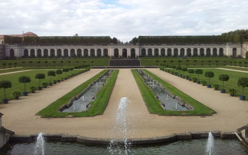 formal garden with fountains