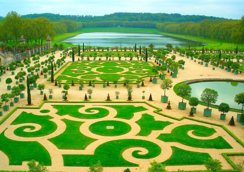 formal garden with lake