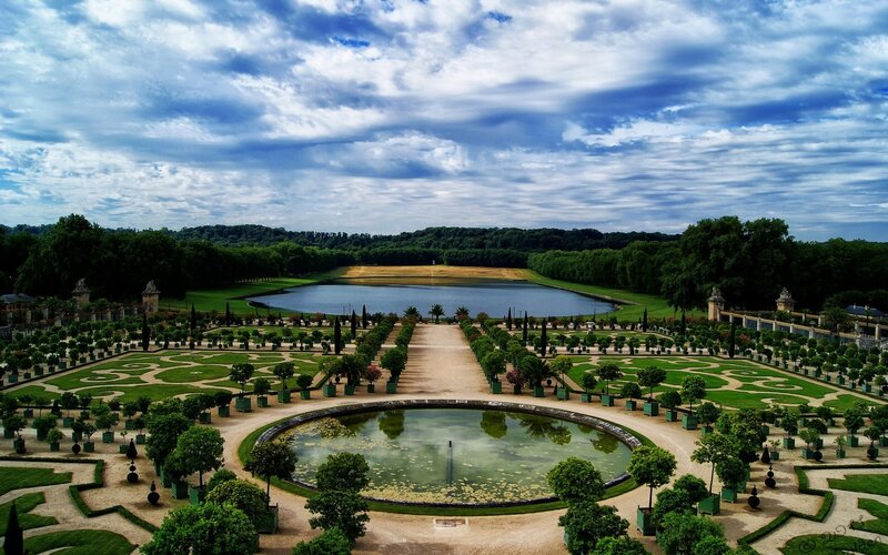 formal garden with pond